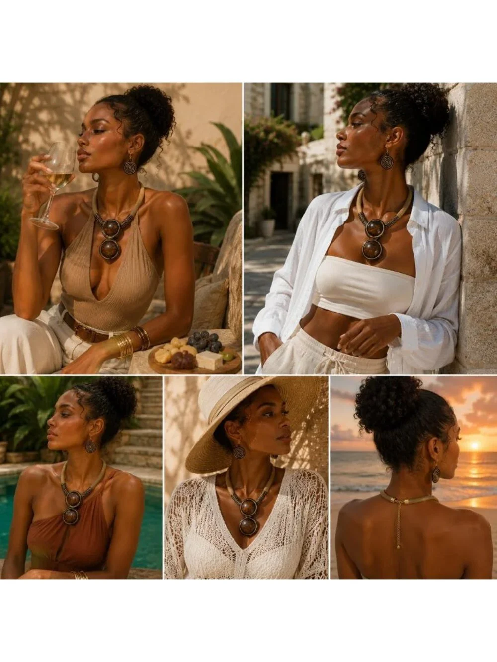 Chunky Gold Mesh Bib Necklace Set with Round Pendant & Spiral Earrings - Artisan